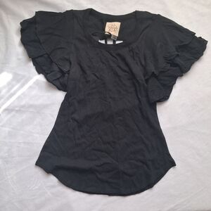 Nwt Chaser Black Short Sleeve Ruffle Womens Top 100% Cotton